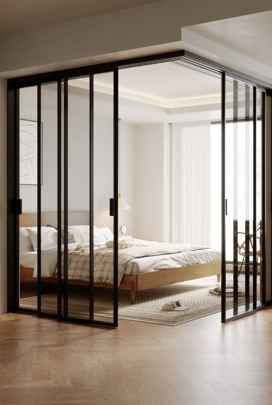 Bedroom enclosed by black-framed sliding glass partition