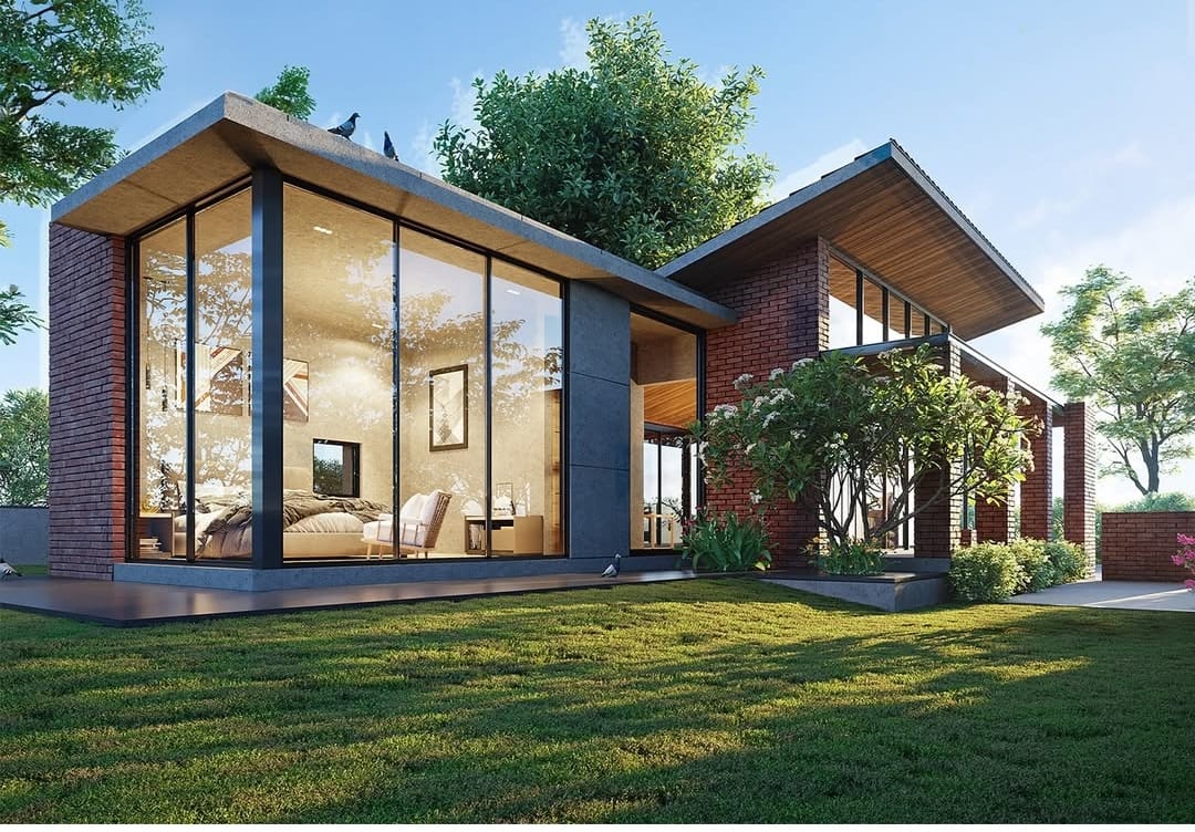 Modern villa with full-height aluminium glass facade